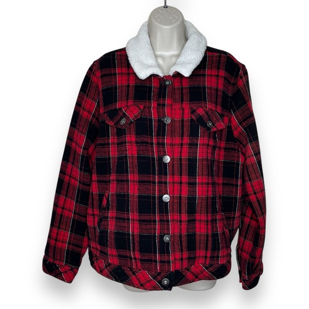 Torrid Sherpa Lined Red Plaid Trucker Jacket Shacket Buttons Cotton Women 2X